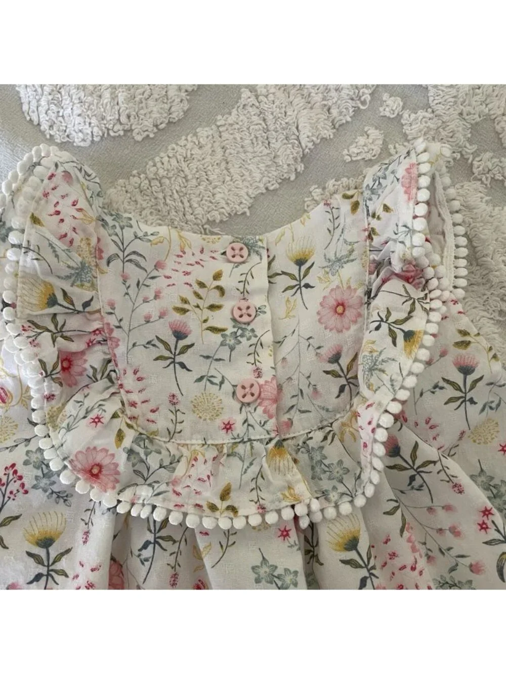 Tommy Bahama Floral Ruffle Dress Baby Girl 18M Pom Pom Trim Pastel Soft Girl